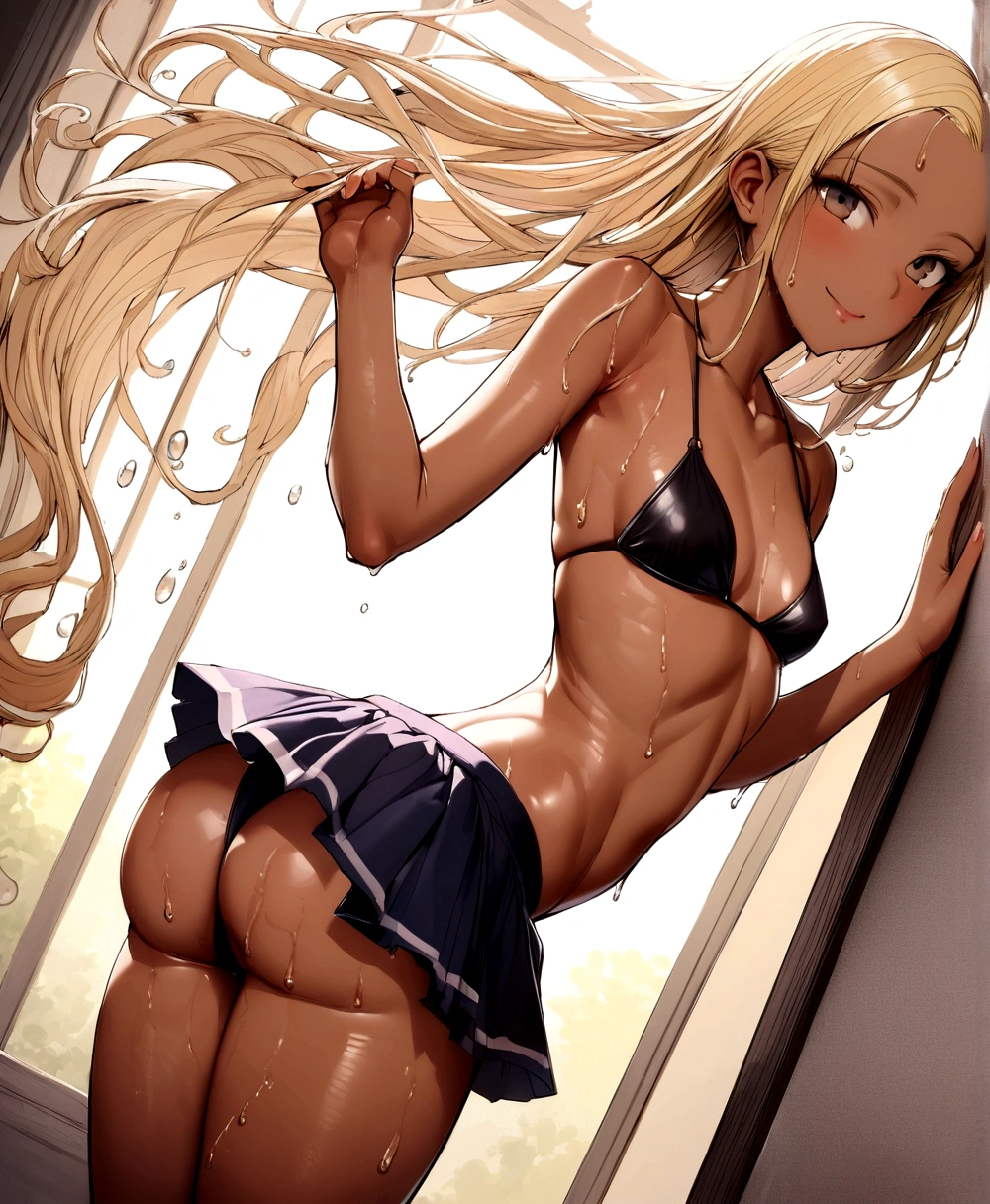 Beautiful 19 year old woman, bubbly ass, round buttocks , blonde, dark skin, smile, slender, sweat, wet skin, bikini, skirt, small breasts, sexy,
