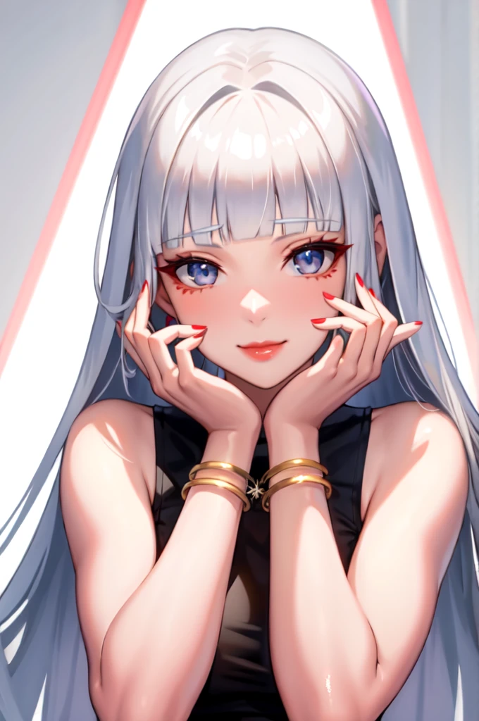 1girl, solo, long hair, looking at viewer, smile, blue eyes, hair ornament, white background, jewelry, white hair, closed mouth, blunt bangs, nail polish, bracelet, lips, grey eyes, portrait, red nails, close-up, red lips, hands on own face, hands on own cheeks,(mature female),(shiny skin),((steaming body))