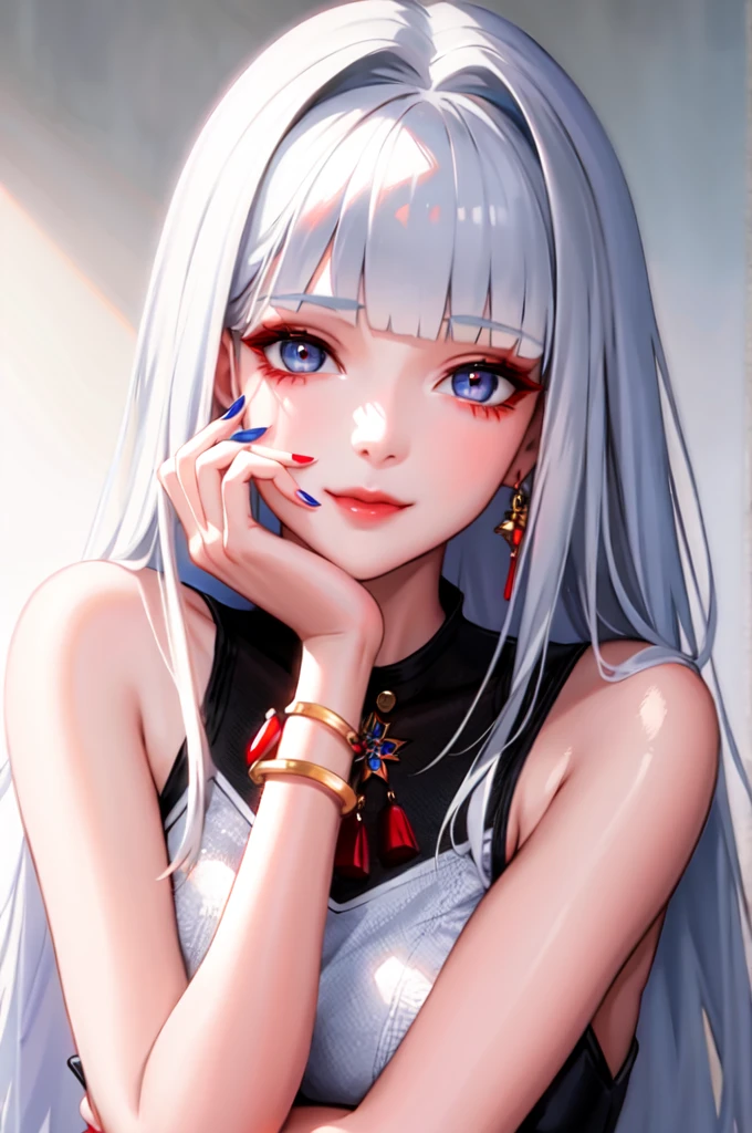 1girl, solo, long hair, looking at viewer, smile, blue eyes, hair ornament, white background, jewelry, white hair, closed mouth, blunt bangs, nail polish, bracelet, lips, grey eyes, portrait, red nails, close-up, red lips, hands on own face, hands on own cheeks,(mature female),(shiny skin),((steaming body))