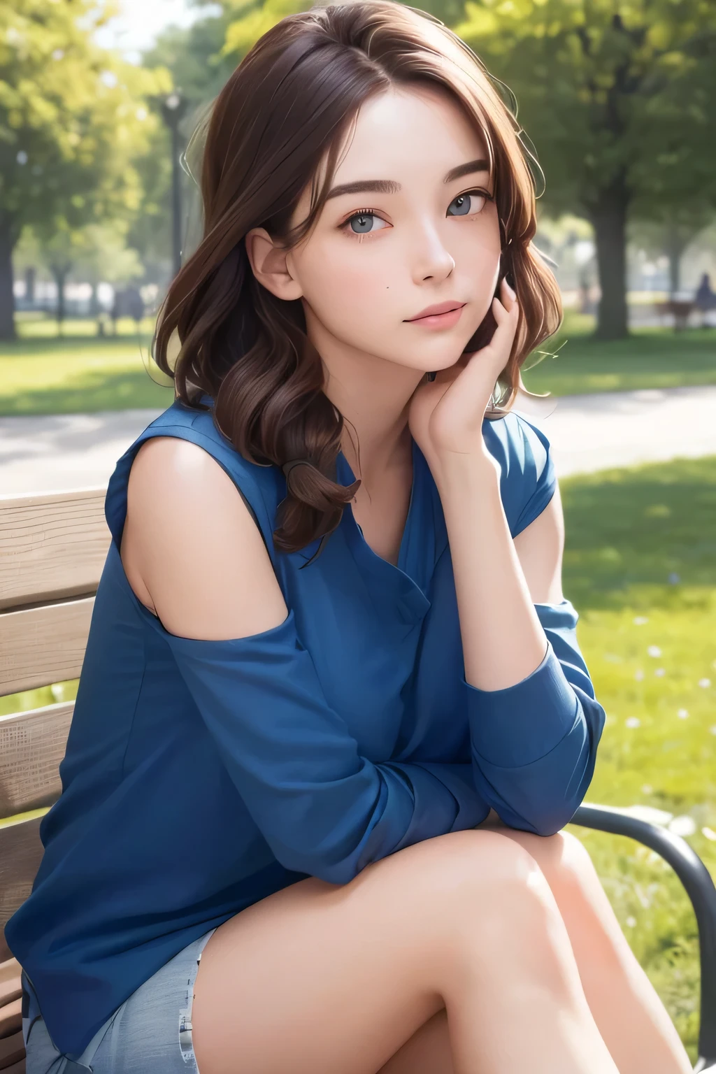 best quality, photorealistic, 8k, high res, full color, 1girl, woman, 20 years old woman, (closed mouth:1.73), (skindentation), (portrait:0.6), trees, park bench, daylight, ((park background:1.52)), full color, ((sleevelessblueshirt:1.58)), looking at viewer:1.8, (1girl eyes looking at viewer:1.55), (medium hair, brownhair, partedhair:1.45), (bokeh),