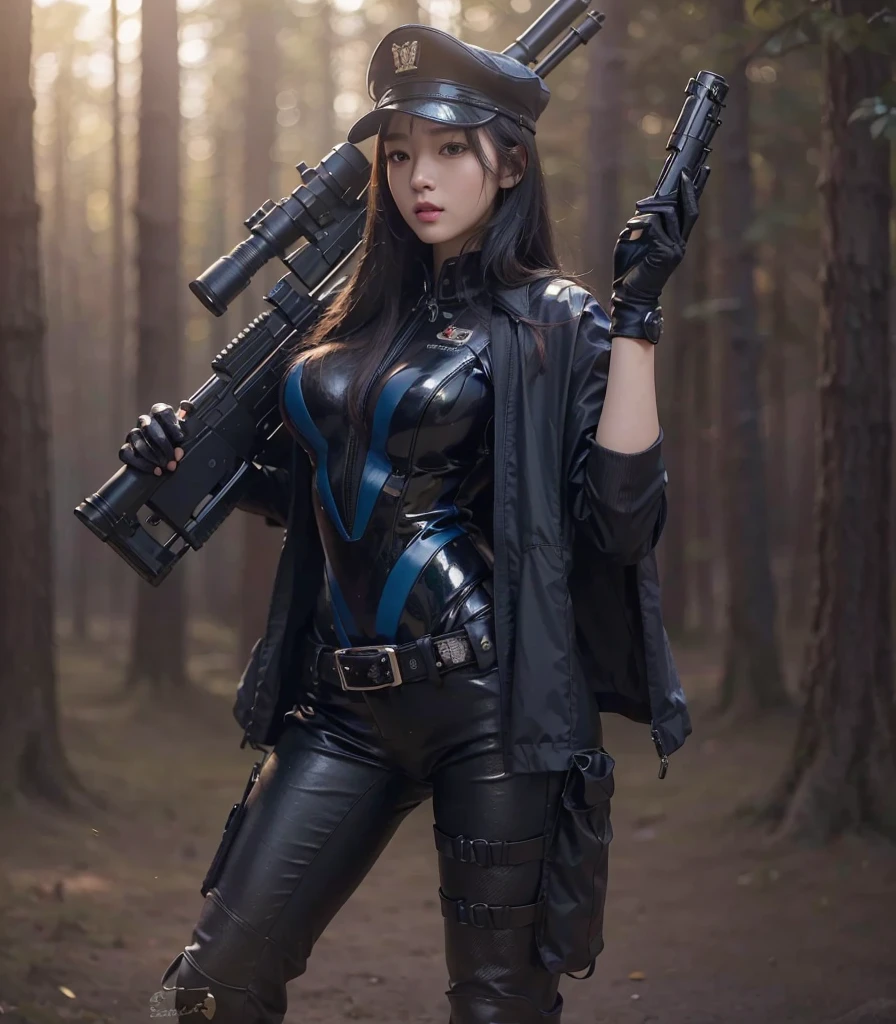 Very beautiful woman, South Korean characteristics, very long black hair, wears a dark blue military cap, tight closed military diving suit Dark blue color, Belt with ammunition, Black leather gloves, Highly detailed hands, In her hand she has a rifle sniper and in the other a gun, he is in an ultra-realistic Asian forest, Ultra detailed, hyperrealistic, 4k, Ultra detailed image, realistic, Highly detailed, perfect composition, beautiful, Intricately detailed, incredibly detailed, 8K artistic photography, hyper detailed, Masterpiece, Ultra detailed, hyper realistic, 4k, Ultra detailed image, realistic, Highly detailed, perfect composition, beautiful, intricately detailed, incredibly detailed, 8k art photography, hyper detailed, Masterpiece