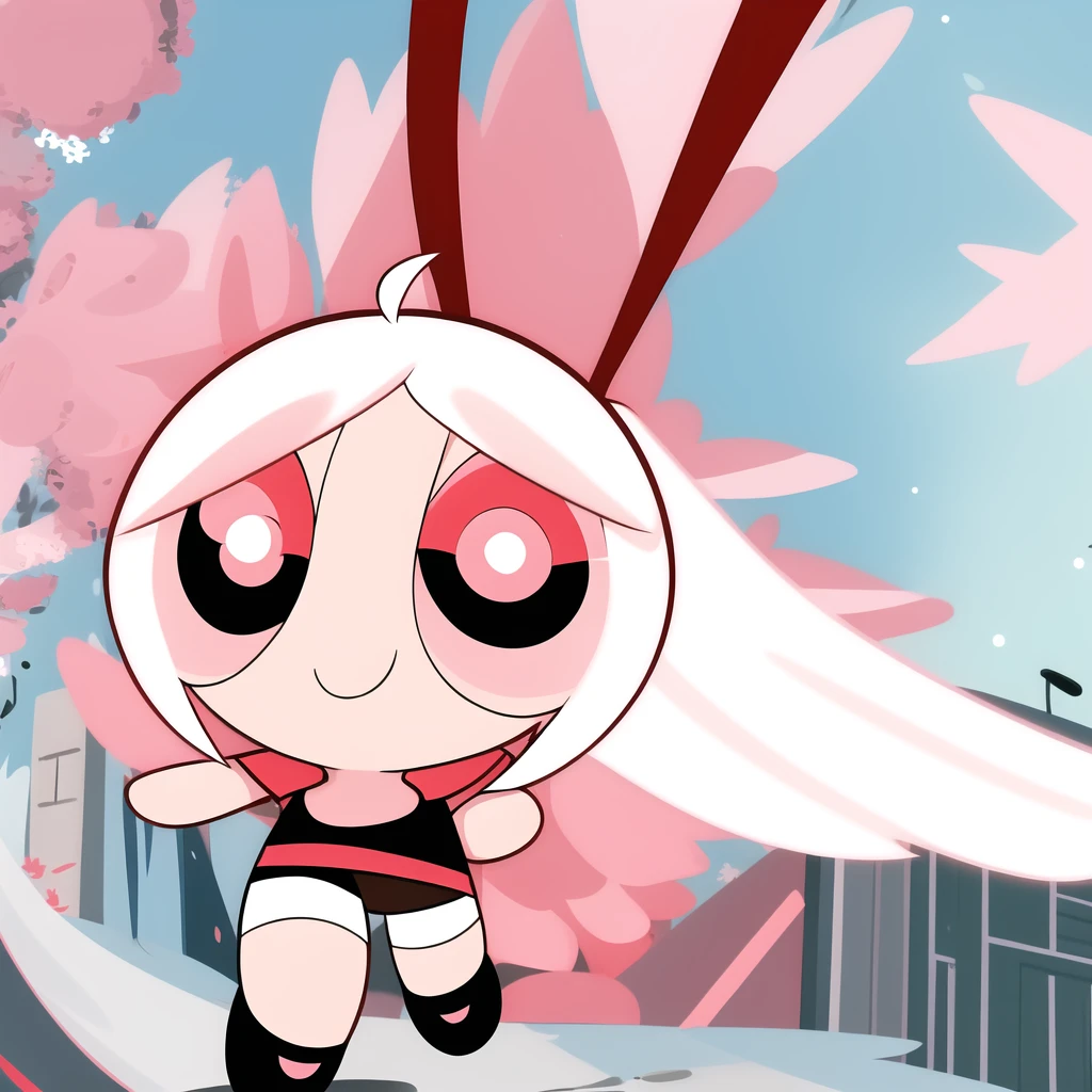 smile,chibi, full body, 1girl, white hair, red pink eyes, black short sleeve shirt, black shorts,