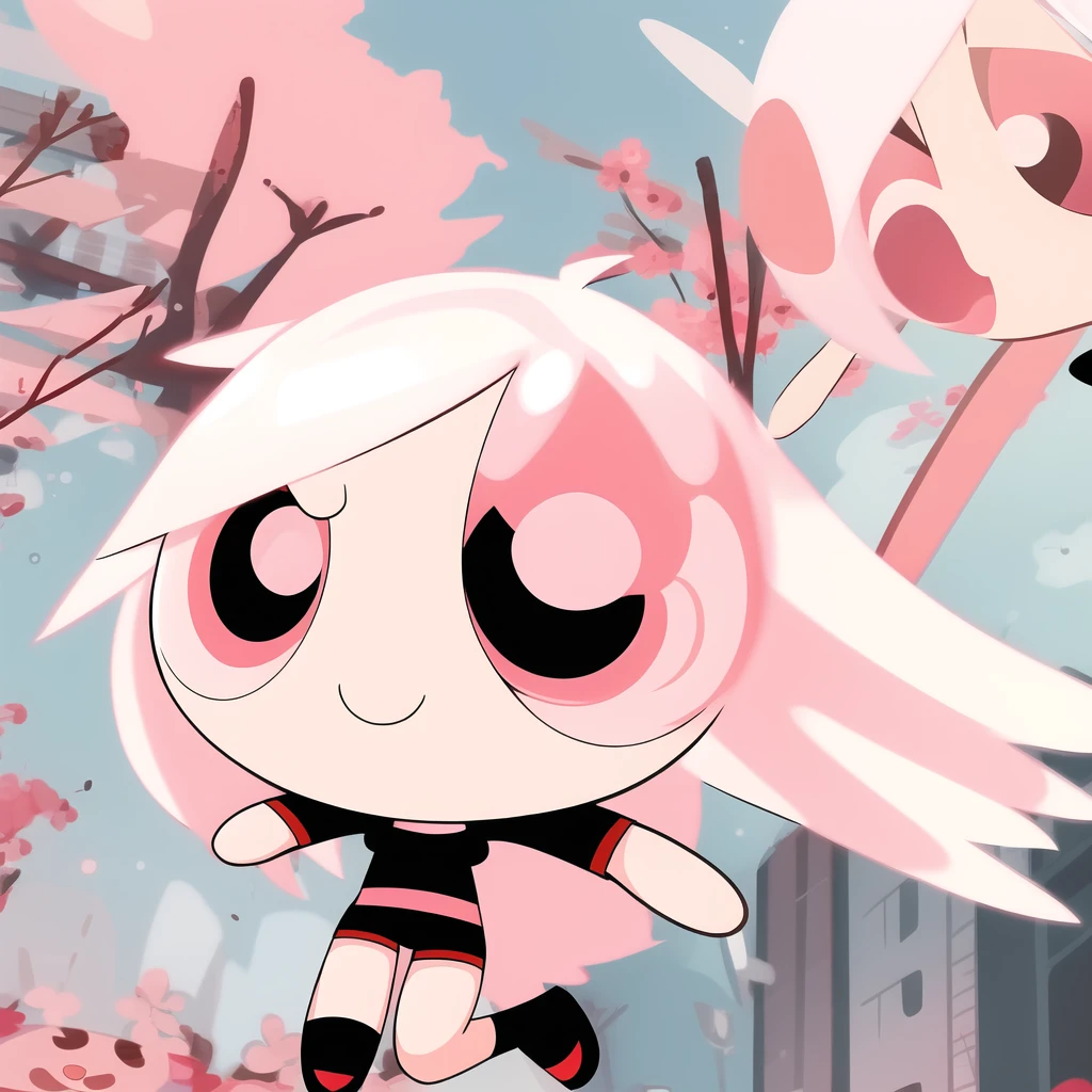 smile,chibi, full body, 1girl, white hair, red pink eyes, black short sleeve shirt, black shorts,