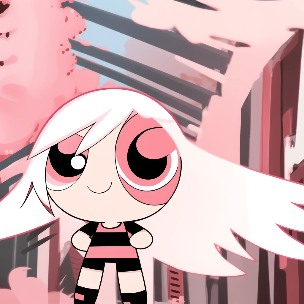 smile,chibi, full body, 1girl, white hair, red pink eyes, black short sleeve shirt, black shorts,