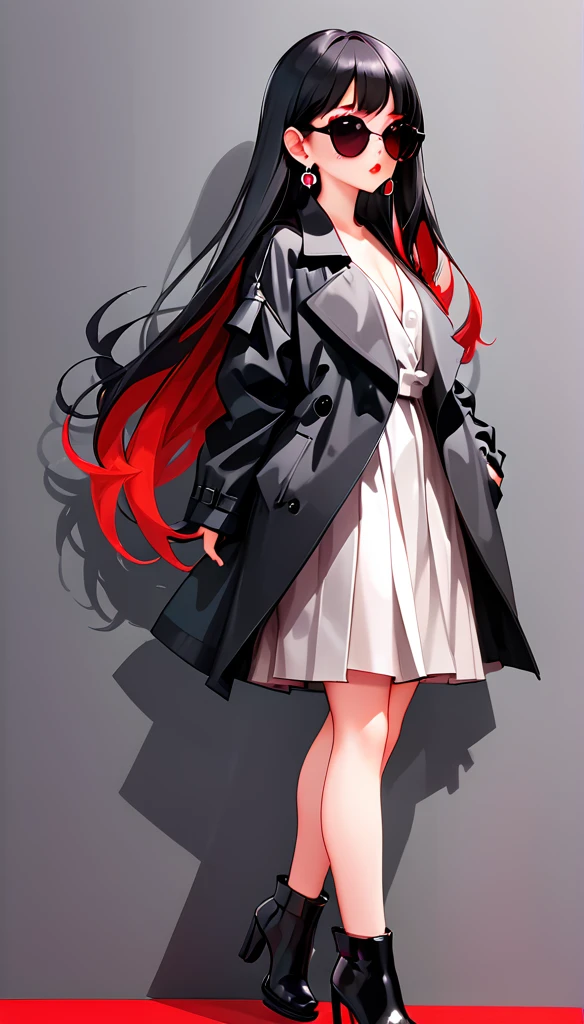 Simple vector illustration，Beautiful girl standing against the wall，Unique，confidence，Long straight hair，sunglasses，Exaggerated earrings，Unique，Staring at the audience），（Black deep V trench coat：1.37，Red bottoming skirt）。Looking from the bottom up，Geometric Light and Shadow，Clean and simple red background, silver straight hair and bangs, hime hairstyle, dusty rose eyes, straight cutted silver bangs
