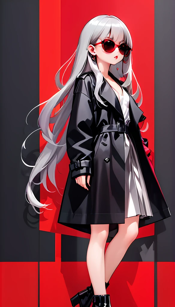 Simple vector illustration，Beautiful girl standing against the wall，Unique，confidence，Long straight hair，sunglasses，Exaggerated earrings，Unique，Staring at the audience），（Black deep V trench coat：1.37，Red bottoming skirt）。Looking from the bottom up，Geometric Light and Shadow，Clean and simple red background, silver straight hair and bangs, hime hairstyle, dusty rose eyes, straight cutted silver bangs

