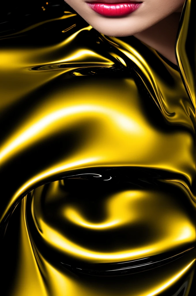 close up of a young woman wearing a black and gold liquid splash dress, pretty face, detailed eyes, soft lips, floating in outer space and planets in the background, fluid, wet, dripping, waxy, smooth, realistic, octane render,(((perfect_hands, perfect_fingers)))