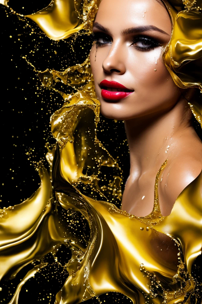 close up of a young woman wearing a black and gold liquid splash dress, pretty face, detailed eyes, soft lips, floating in outer space and planets in the background, fluid, wet, dripping, waxy, smooth, realistic, octane render,(((perfect_hands, perfect_fingers)))