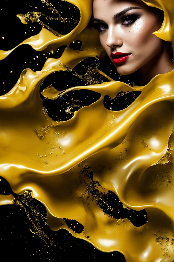 close up of a young woman wearing a black and gold liquid splash dress, pretty face, detailed eyes, soft lips, floating in outer space and planets in the background, fluid, wet, dripping, waxy, smooth, realistic, octane render,(((perfect_hands, perfect_fingers)))