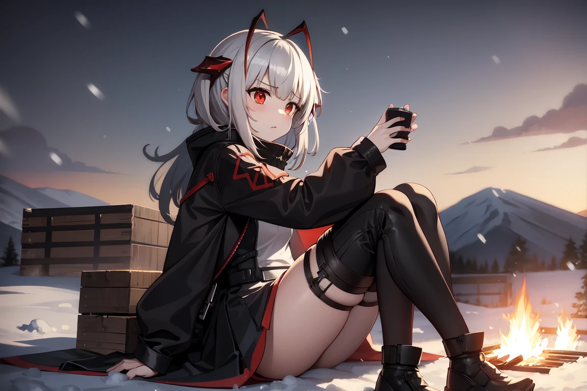 1girl, w_arknights, black clothes red parts, tall, ager, sitting on steel crates, snowy plains, campfire, snow