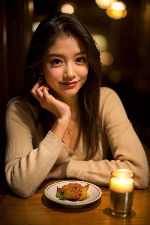 (Highest quality)((masterpiece)), (detailed)、One girl, sexy、A photograph of a woman sitting at a table in a dimly lit restaurant, captured from across the table. She is elegantly dressed, with a warm and inviting smile. The table is set with various items such as a wine glass, a plate with gourmet food, and a candle adding a soft, warm glow to the scene. The background features a dark, intimate restaurant ambiance with subtle lights and shadows, enhancing the cozy atmosphere. The lighting is soft and natural, highlighting the details of her features and the textures of the objects on the table. The overall composition should evoke a sense of intimacy and casual conversation in a sophisticated dining setting.