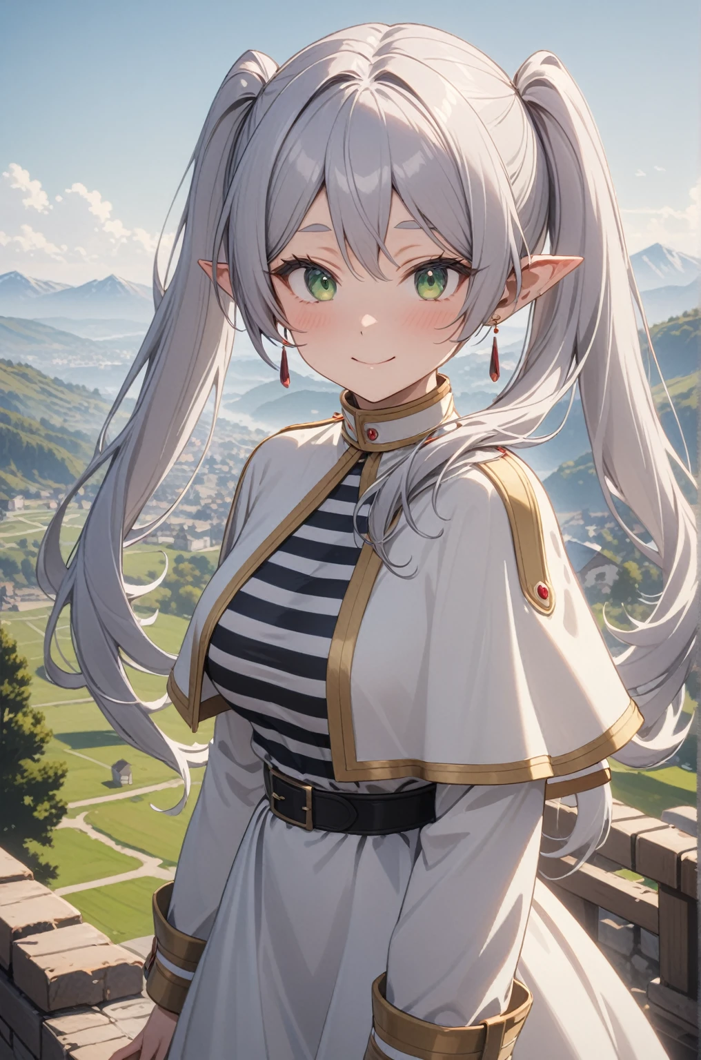 One girl, Freezing, Beautiful smile, Green Eyes, Gray Hair, Long Hair, Twin tails, Earrings, White capelet, Striped shirt, Long sleeve, belt, White Skirt, Black Pantyhose, Big Breasts, landscape, Looking at the audience, masterpiece, Highest quality, so beautiful, Absurd, up to date, Complex details, Complex, AI-generated,  