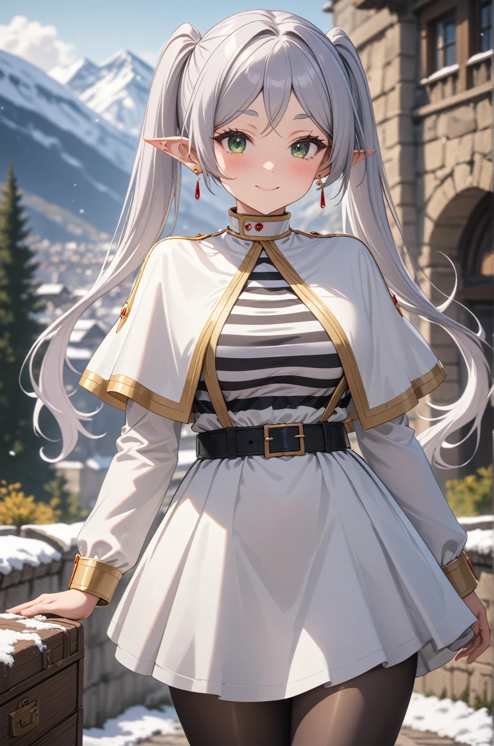 One girl, Freezing, Beautiful smile, Green Eyes, Gray Hair, Long Hair, Twin tails, Earrings, White capelet, Striped shirt, Long sleeve, belt, White Skirt, Black Pantyhose, Big Breasts, landscape, Looking at the audience, masterpiece, Highest quality, so beautiful, Absurd, up to date, Complex details, Complex, AI-generated,  