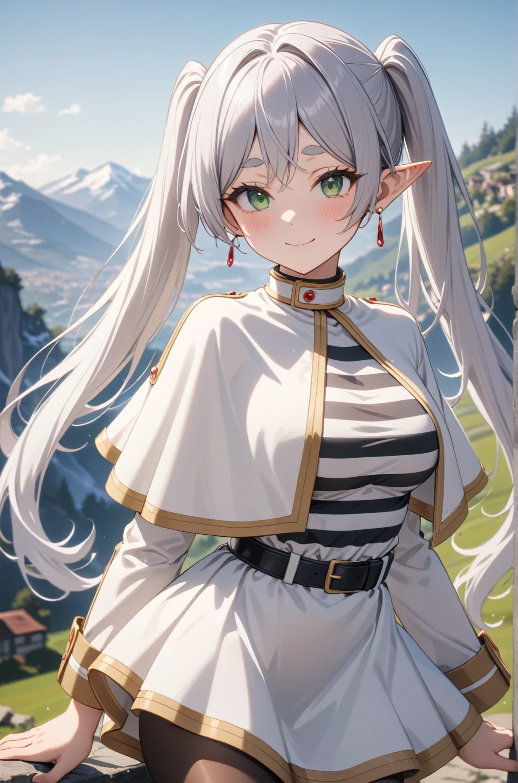 One girl, Freezing, Beautiful smile, Green Eyes, Gray Hair, Long Hair, Twin tails, Earrings, White capelet, Striped shirt, Long sleeve, belt, White Skirt, Black Pantyhose, Big Breasts, landscape, Looking at the audience, masterpiece, Highest quality, so beautiful, Absurd, up to date, Complex details, Complex, AI-generated,  