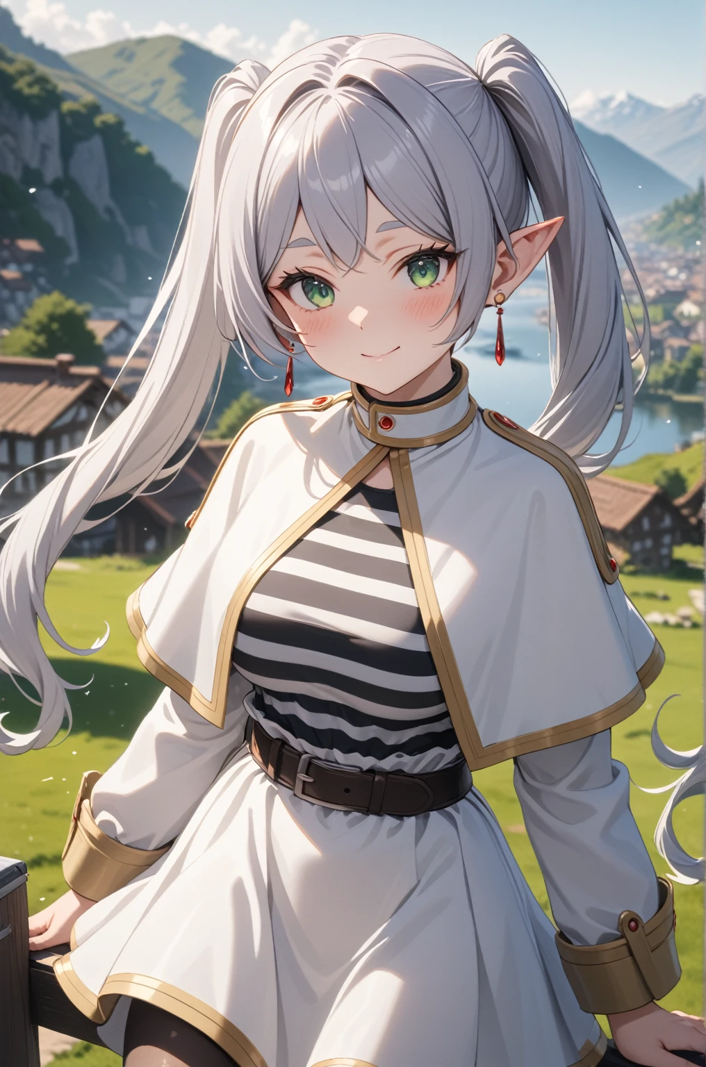 One girl, Freezing, Beautiful smile, Green Eyes, Gray Hair, Long Hair, Twin tails, Earrings, White capelet, Striped shirt, Long sleeve, belt, White Skirt, Black Pantyhose, Big Breasts, landscape, Looking at the audience, masterpiece, Highest quality, so beautiful, Absurd, up to date, Complex details, Complex, AI-generated,  