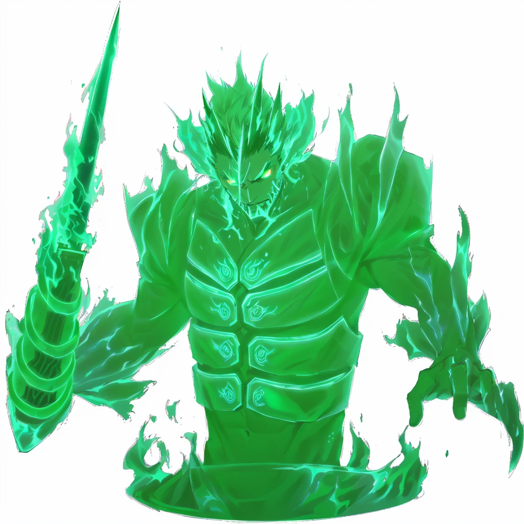 a green and black image of a demon with a sword, luminous water elemental, glowing guy creature, elemental water iridescence, threatening aura, Bushido detailed in the form of smoke, green doom face, green aura, male djinn man demon hybrid, malignant aura, glowing green soul blade, emanating threatening aura, ghostly form, colorful muscular supernatural, SUSANoo, naruto.