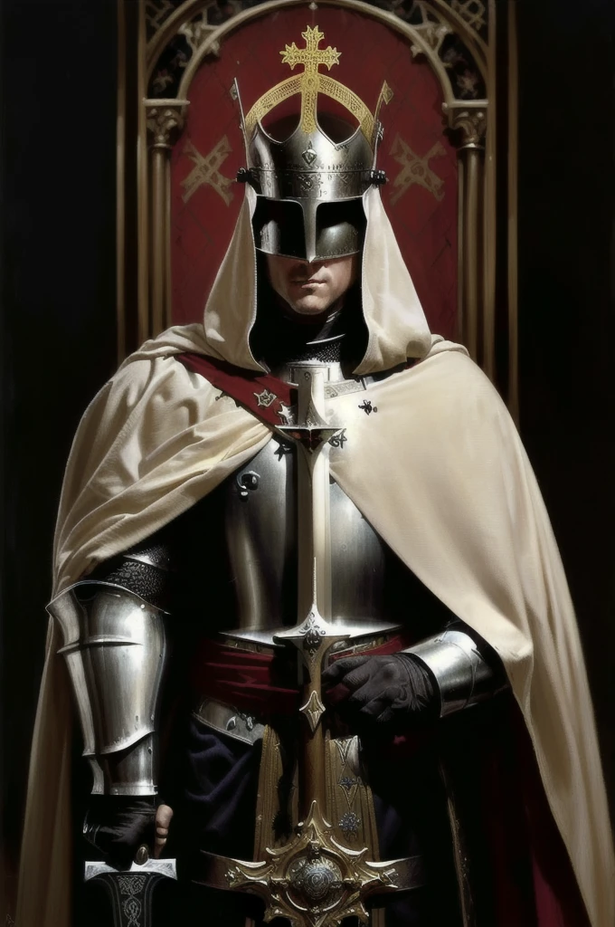 a painting of a man wearing a crown and a robe holding a sword, holy crusader medieval, tom bagshaw giancola given, holy crusader medieval knight, by Donato Giancola, holy crusader, craig mullins necro, painting of a knight, hyperdetailed | giancola given, Teutonic horseman, Templar, Adrian Borda, holy crusader medieval