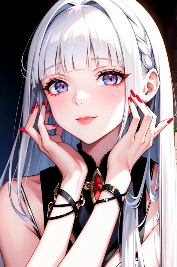 1girl, solo, long hair, looking at viewer, smile, blue eyes, hair ornament, white background, jewelry, white hair, closed mouth, blunt bangs, nail polish, bracelet, lips, grey eyes, portrait, red nails, close-up, red lips, hands on own face, hands on own cheeks,(mature female),(shiny skin),((steaming body))