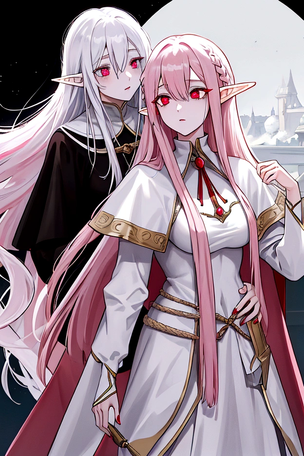 female elf, , long straight pink hair, white medieval clothing , Eyes red, black cloack,