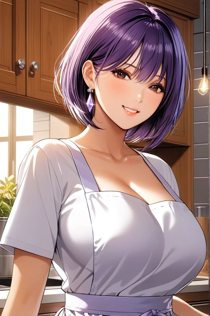 (((masterpiece))), highest quality, figure, 4k wallpaper, Cinematic Light, Absurd, One Girl,Short Hair, Purple crystal hair, Shiny Hair, Bloom Hair, Look ahead、Detailed face、Detailed Background、smile、Cowboy Shot、Daytime Kitchen,huge breasts, long earrings , apron 