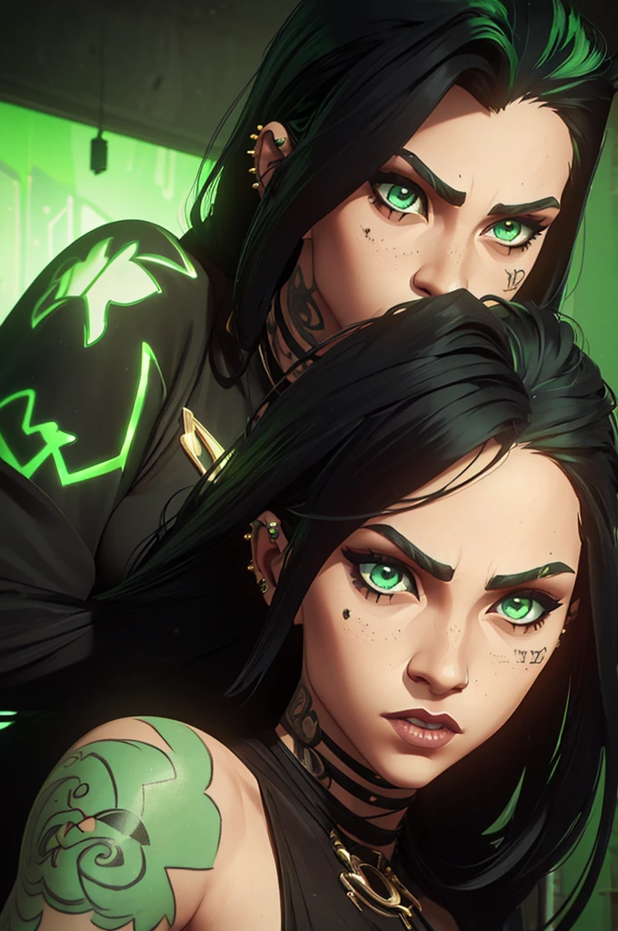 close up, only ONE girl, black hair and phospor green underlights, green eyes, has tattoos, piercings, light skin but not that light, long hair gothic dark style punk diesel, just her face
