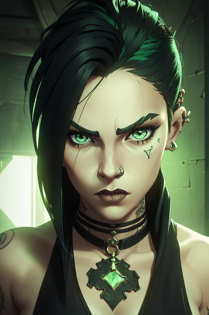 a girl, black hair and phospor green underlights, green eyes, has tattoos, piercings, light skin but not that light, dressed in dark fantasy style, long hair gothic dark style punk diesel neogothic good eyes, black pupils
