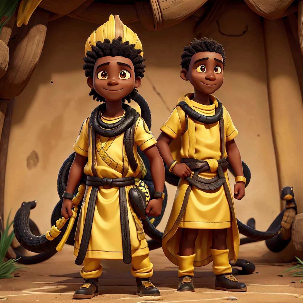 African warrior in yellow and black robes holding a yellow and black snake. He's in a forest and behind him there's a rainbow.