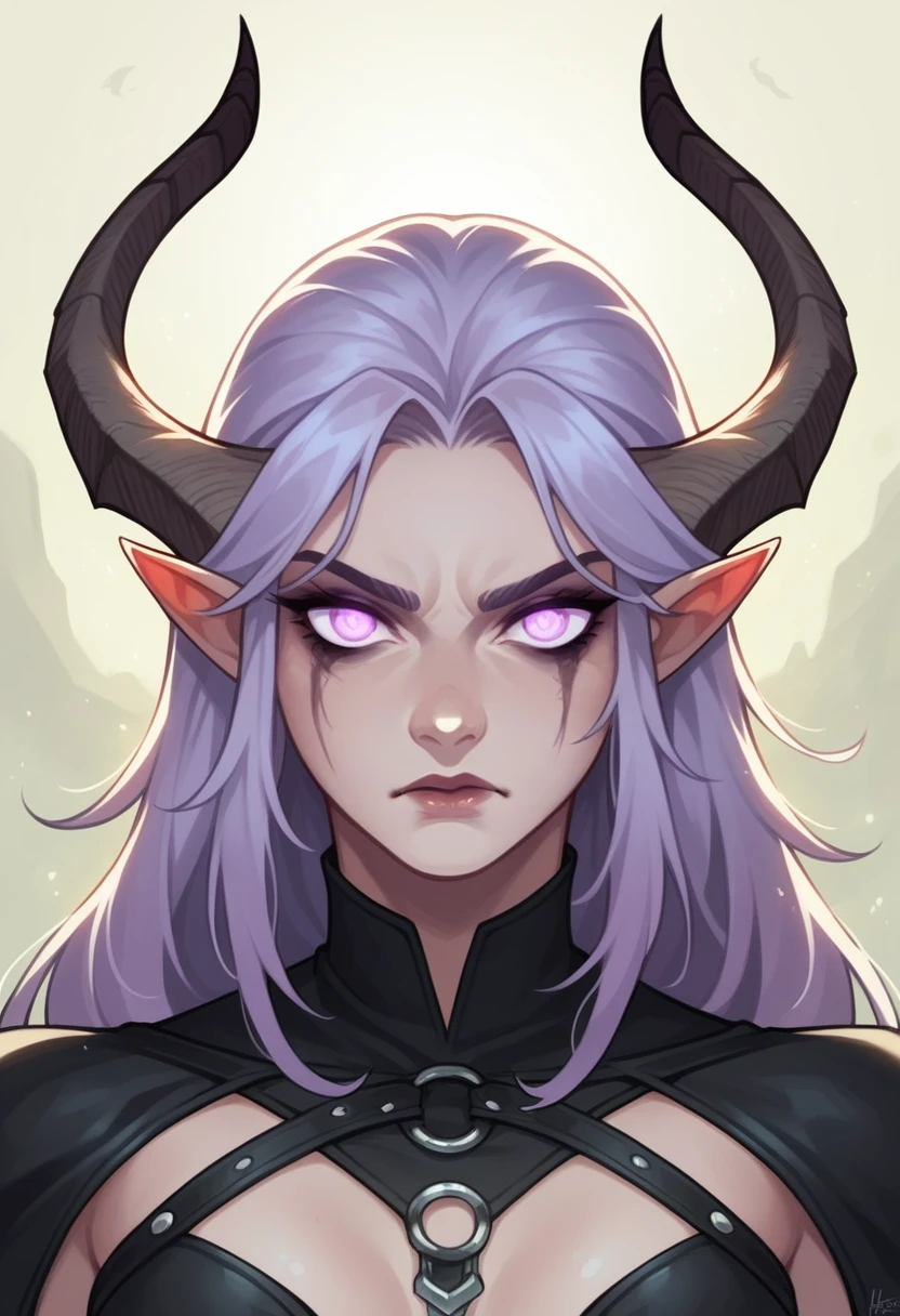 rogue tiefling, hired assassin, light purple hair, fair skin slightly purple, no muscles, slim figure, demonic horns, pointed ears, black leather outfit, sharp daggers, stealthy movements, mysterious aura, cinematic lighting, dramatic shadows, fantasy atmosphere, dark color palette, 
