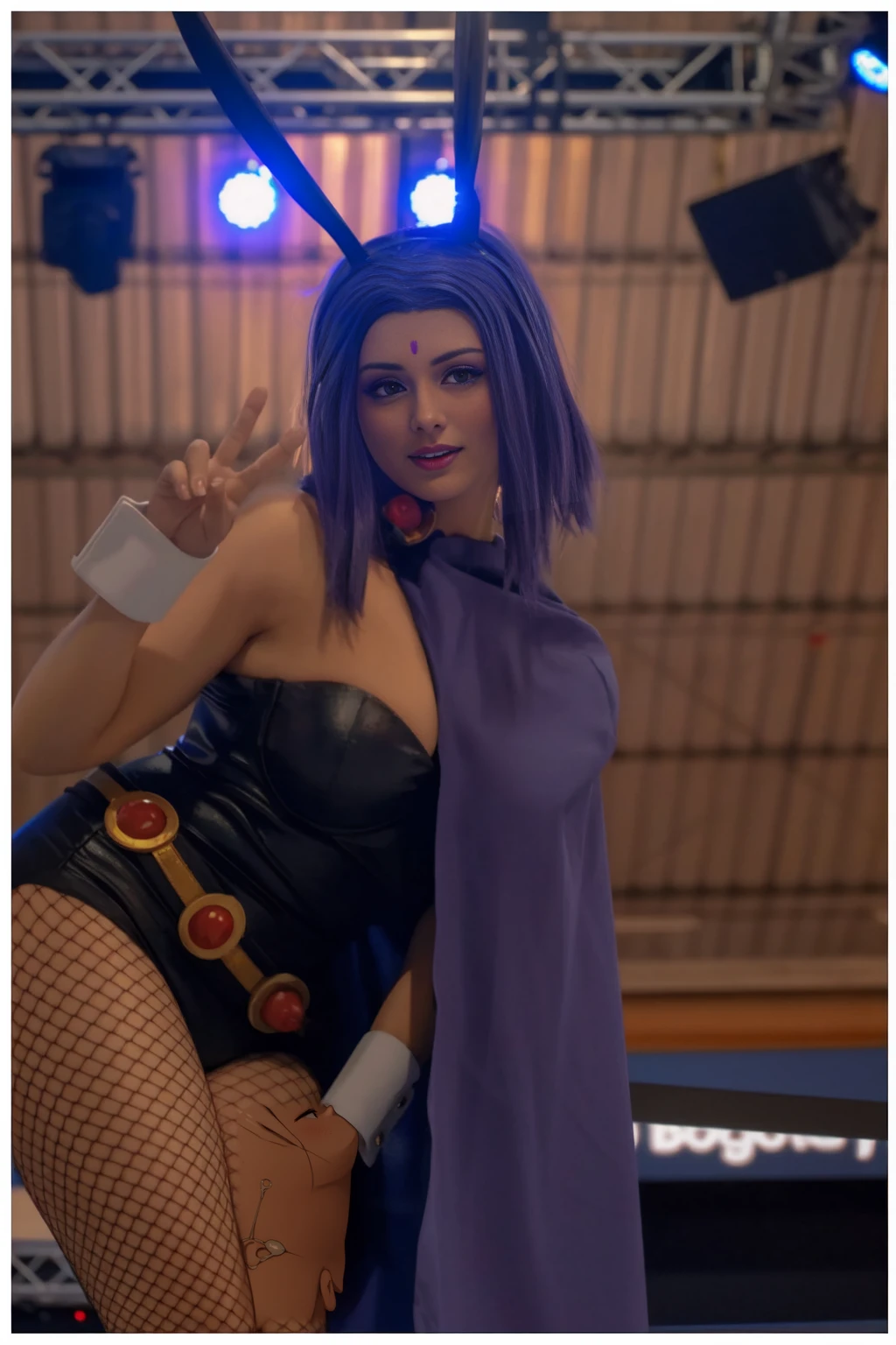 masterpiece, full body, 8k, ultra high definition, high quality, a young girl wearing a sexy outfit, fake bunny ears, purple fake hair, v sign with her fingers