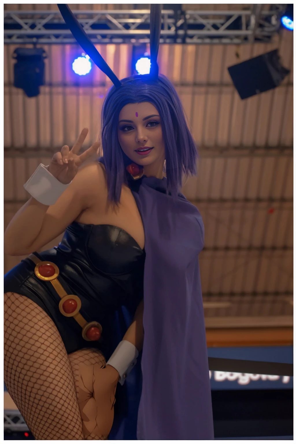 masterpiece, full body, 8k, ultra high definition, high quality, a young girl wearing a sexy outfit, fake bunny ears, purple fake hair, v sign with her fingers