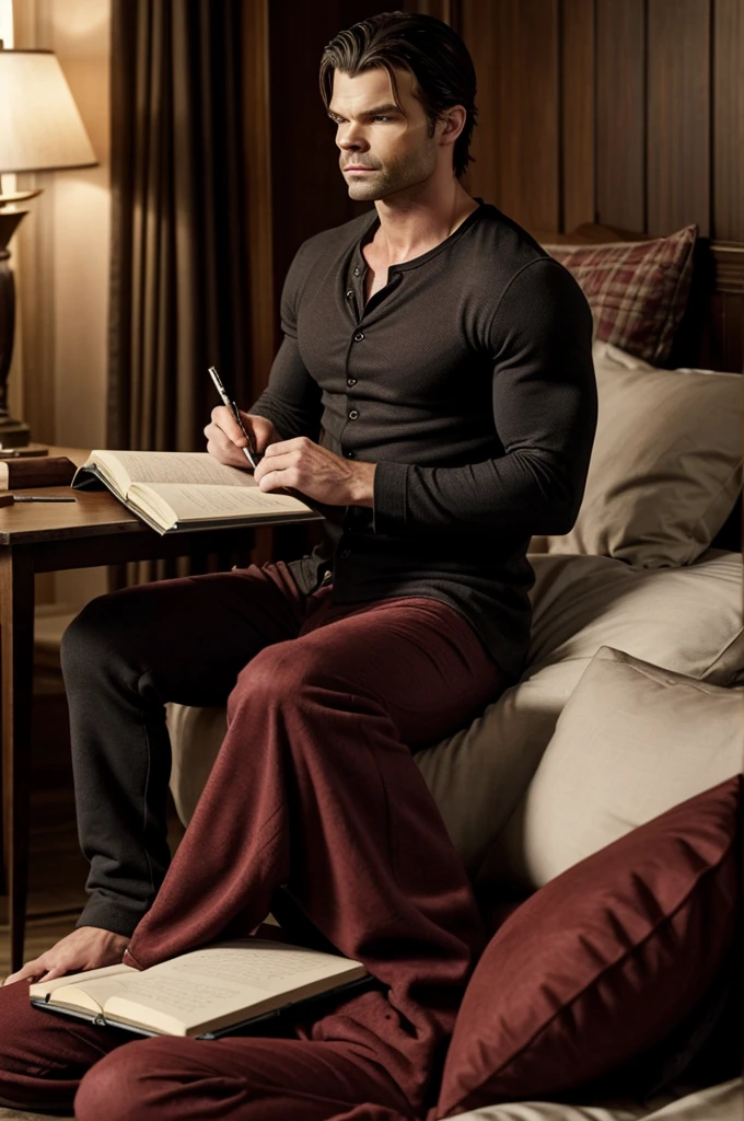 Hyperrealistic photograph of the real Daniel Gillies from The Originals, with exact features to Elijah Mikaelson, He only has one pair of pajama pants., while writing in a notebook.