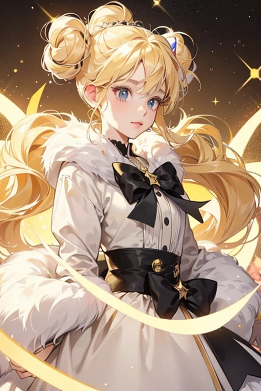 She has light peachy yellow fur, and wears a black bow. She has blonde hair and has two twisted buns. She also has a small tuft of hair that is coming out the front of her bow. She has a white patch of circular fur , which is also on her nose. SPARKLE; GLITTER