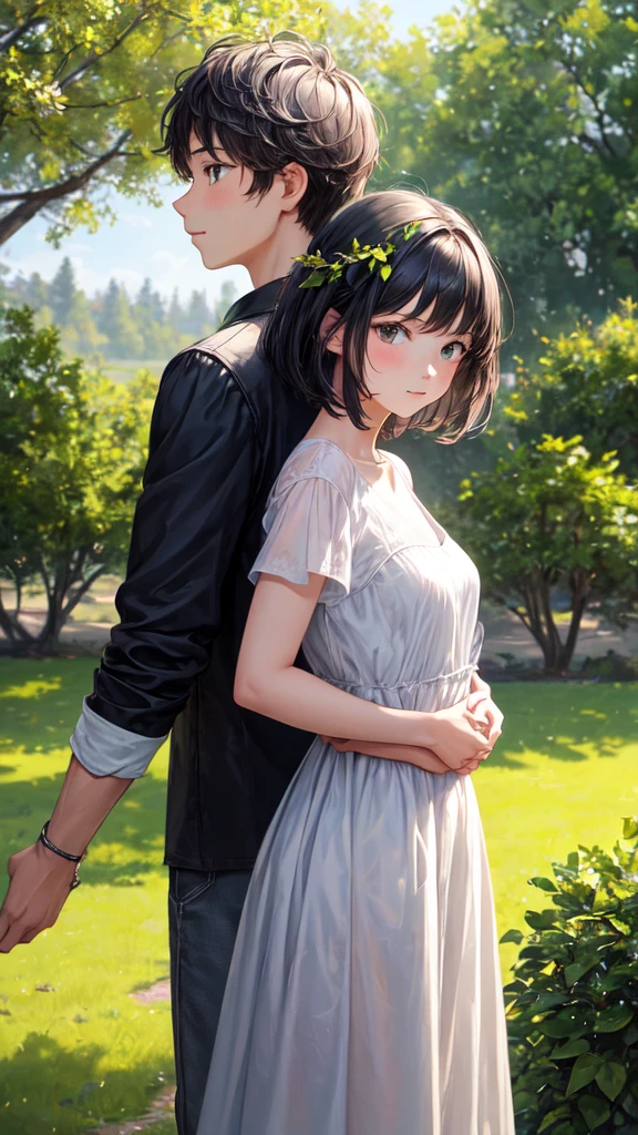((best quality)), ((masterpiece)), (detailed), picture containing a couple standing back to back with their hands clasped together, and behind them there is a tree with green leaves falling. The girl hair is black and the boy hair is gray.