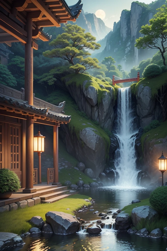 Ancient Chinese archwayitecture, moon, midnight, garden, bamboo, lake, stone bridge, rockery, archway, Corners, wood, water flowing, landscape, outdoor, waterfall, Grass, rock, water lily, hot spring, water vapor, (figure: 1.0), magnificent composition, realistic lighting, HD details, masterpiece, highest quality, (Highly detailed CG unity 8k) - At six o'clock