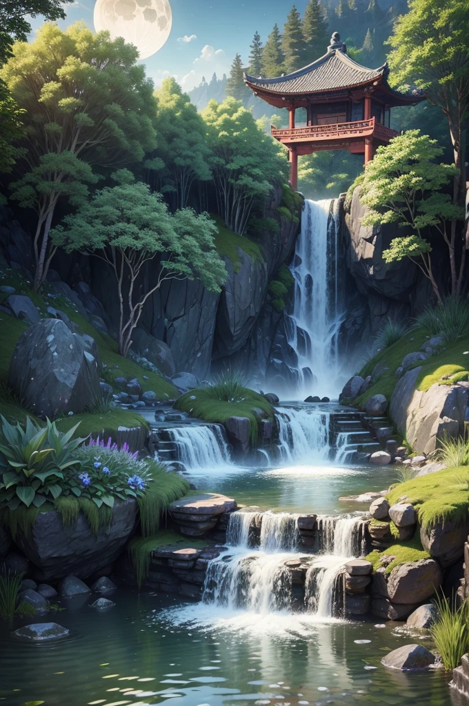 Ancient Chinese archwayitecture, moon, midnight, garden, bamboo, lake, stone bridge, rockery, archway, Corners, wood, water flowing, landscape, outdoor, waterfall, Grass, rock, water lily, hot spring, water vapor, (figure: 1.0), magnificent composition, realistic lighting, HD details, masterpiece, highest quality, (Highly detailed CG unity 8k) - At six o&#39;clock