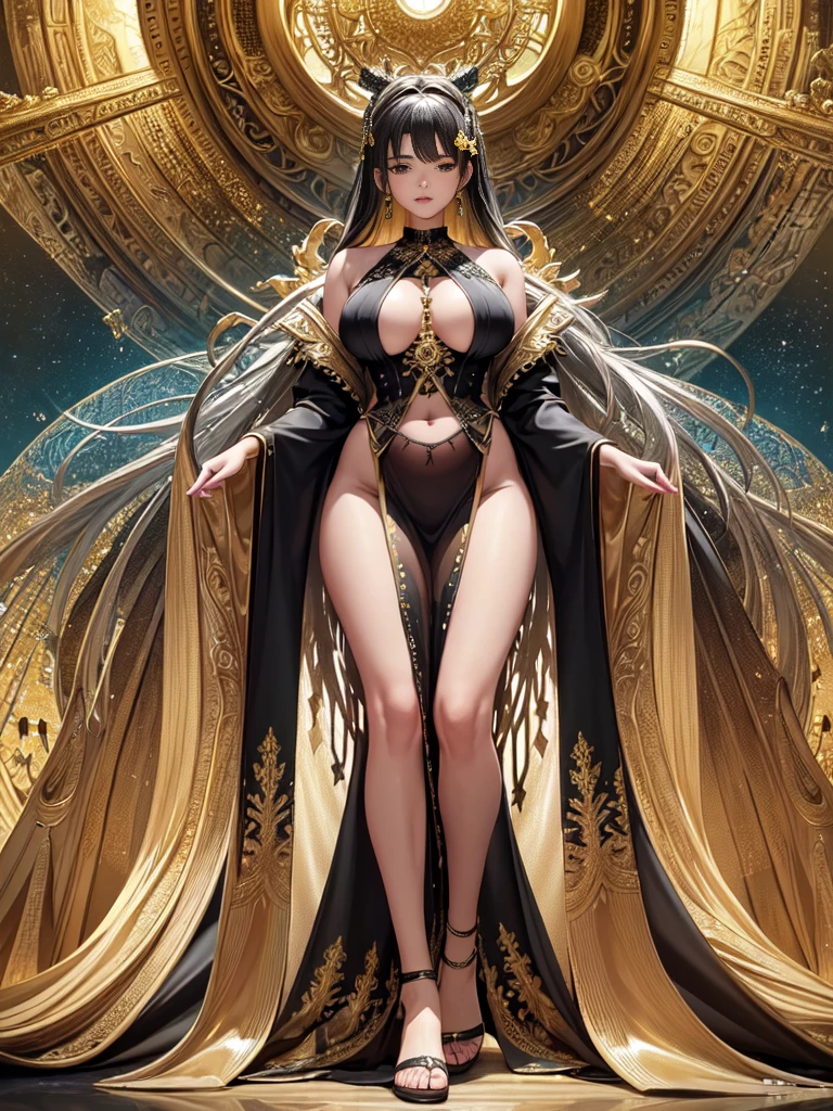 (masterpiece, top quality, best quality, official art, beautiful and aesthetic:1.2), (1girl), black hair, black eyes, voluptuous, black gown with silvery line, pelvis curtain, and thin transparent robe, big chest, beautiful shoulders, beautiful navel, beautiful thighs, beautiful legs, diamonds, gold, silver, paladium, titanium, mithril, extremely detailed anatomy, extremely detailed everything, ornament, Sci-fi Ancient Noah Ark Lost Technology, (fractal art:1.3), all 7 of rainbow colors, colorful, HD image, wide angle, top to toe, full body, highest detailed.