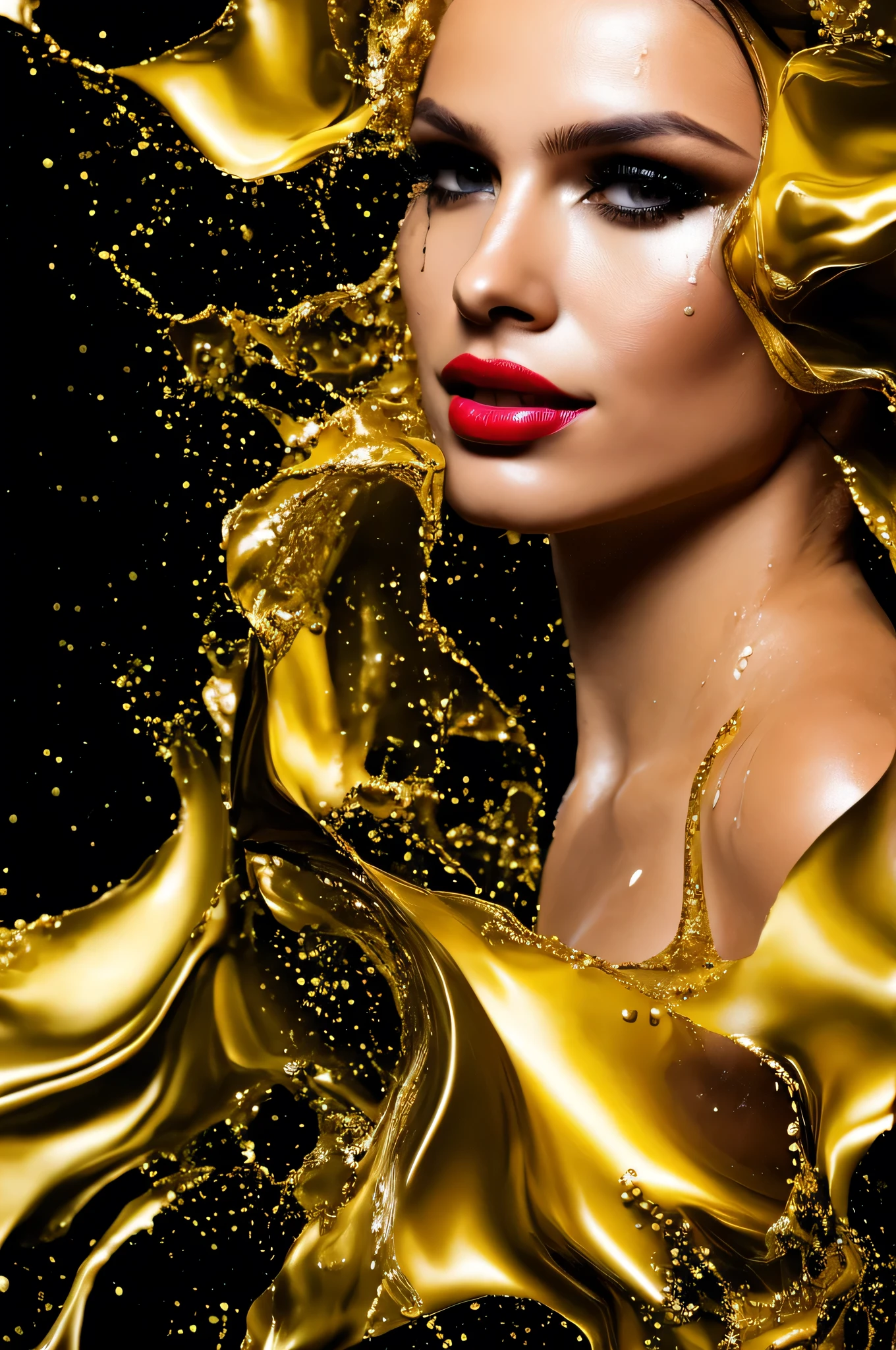 close up of a young woman wearing a black and gold liquid splash dress, pretty face, detailed eyes, soft lips, floating in outer space and planets in the background, fluid, wet, dripping, waxy, smooth, realistic, octane render,(((perfect_hands, perfect_fingers)))