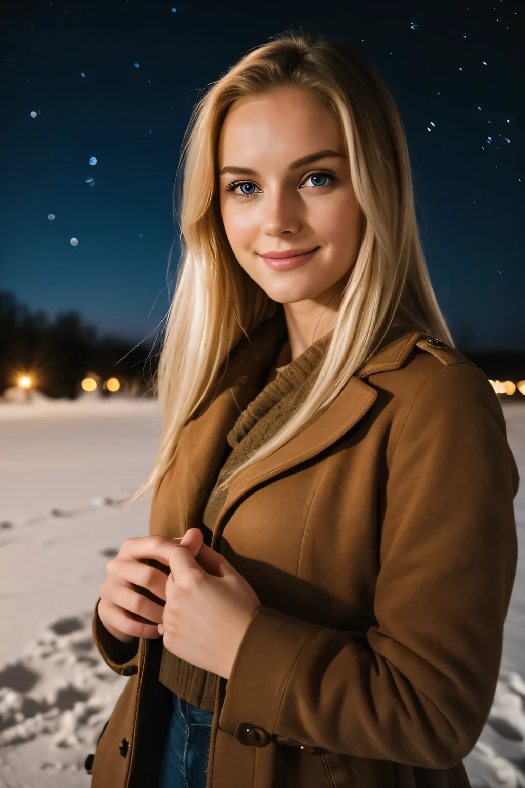 night photography, in the countryside, under the winter starry sky,
1 gorgeous blonde woman,
23 ans, 
subtle smile, 
flirts with the camera,
she’s a model, sensual pose, 
(European girl:1.2),
(Realistic hair:1.2),
(realistic eyes:1.2),
(Beauty face:1.3),
perfect body, 
perfect hands, 
Kodak gold 200, 
National Geographic style, medium shot,
Best quality, ultra highres, (photoreallistic:1.4), 8k,