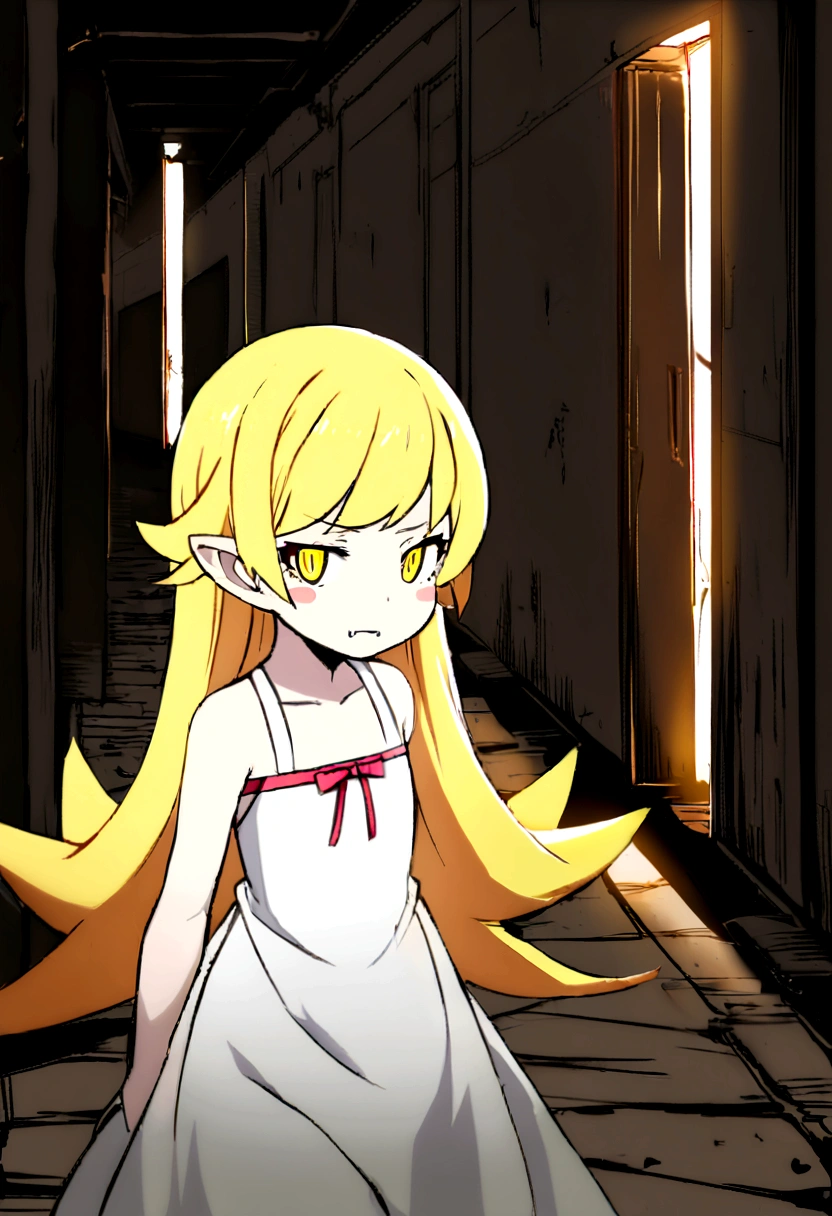 high-detailed, Very dark, no light source, Glowing red eyes, dark hallway, abandoned hallway, oshino shinobu,long hair, blonde hair,yellow eyes, pointy ears, dress, white dress,blush stickers, bare shoulders, fang,