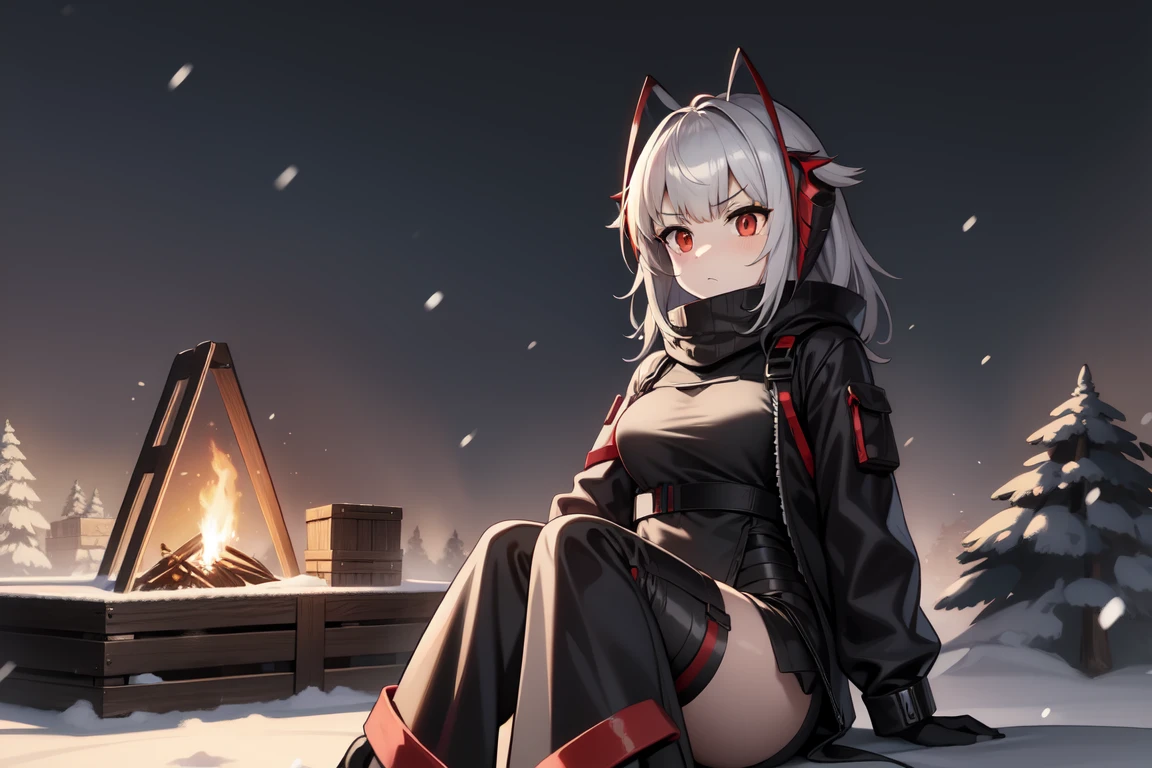 1girl, w_arknights, black clothes red parts, tall, teenager, sitting on steel crates, snowy plains, campfire, snow