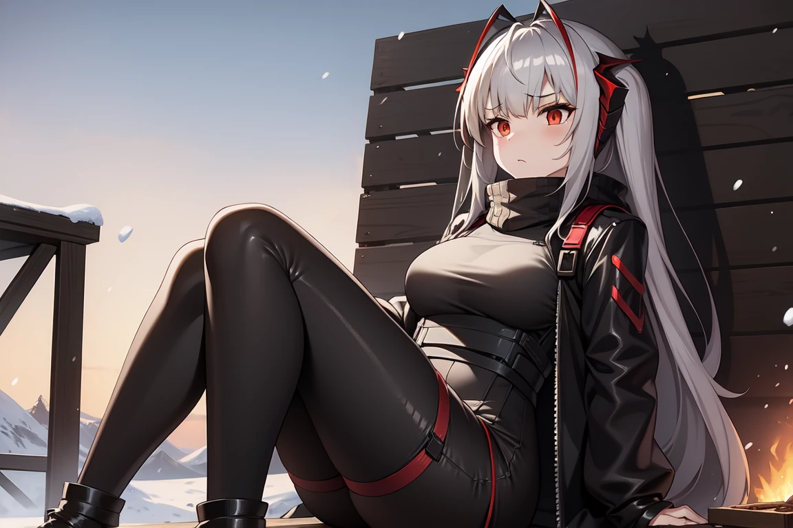 1girl, w_arknights, black clothes red parts, tall, teenager, sitting on steel crates, snowy plains, campfire, snow