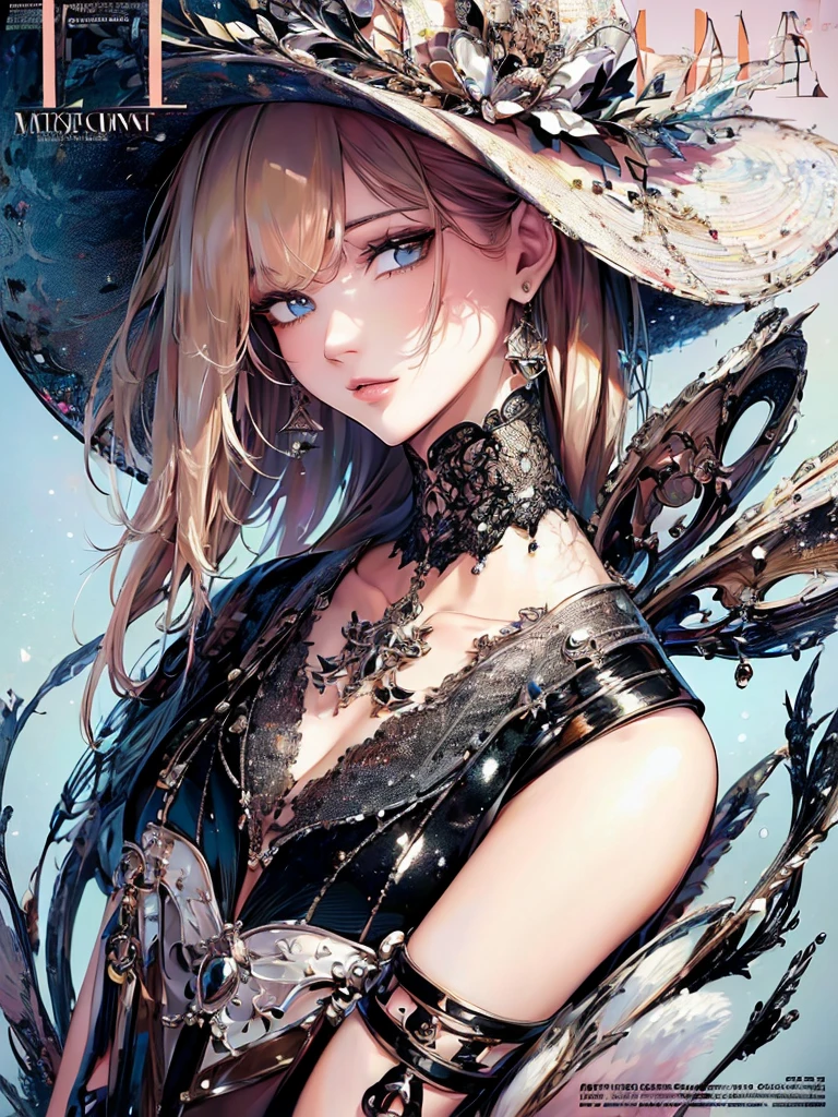 ((Highest quality)),(Ultra-high resolution),(Very detailed),(Detailed Description),((The best CG)),(A masterpiece),Ultra-detailed art,Amazing painting art,(Contemporary art with precise details:1.5),(Fashion magazine cover:1.8), (1 female fashion model:1.6),(Beautiful and well-proportioned face:1.5),Fashion Leader:1.6,Powerful gaze:1.4,(Wear your hat at an angle:1.3),Cropped tops,