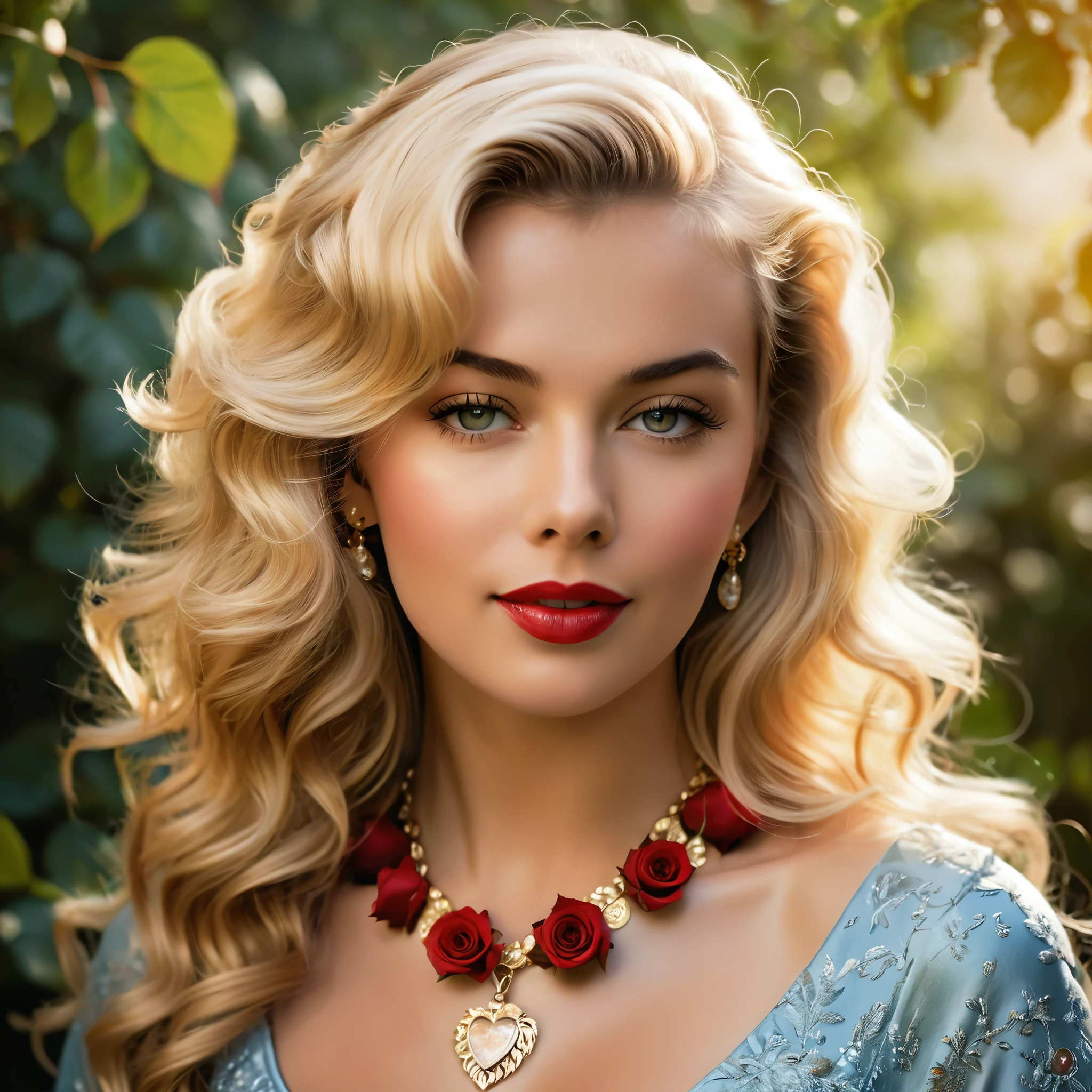 Create a highly detailed and realistic portrait of a young Jane Mansfield with long, wavy blonde hair adorned with red roses. She has striking, expressive eyes and a calm, composed expression. She is wearing a vintage-style outfit with a necklace featuring a pendant. The background is a soft-focus natural setting with warm, dappled sunlight filtering through the leaves, enhancing the serene and romantic atmosphere. The style should be hyper-realistic with a touch of romanticism. Photo Realistic photo, vibrant colors, 16k