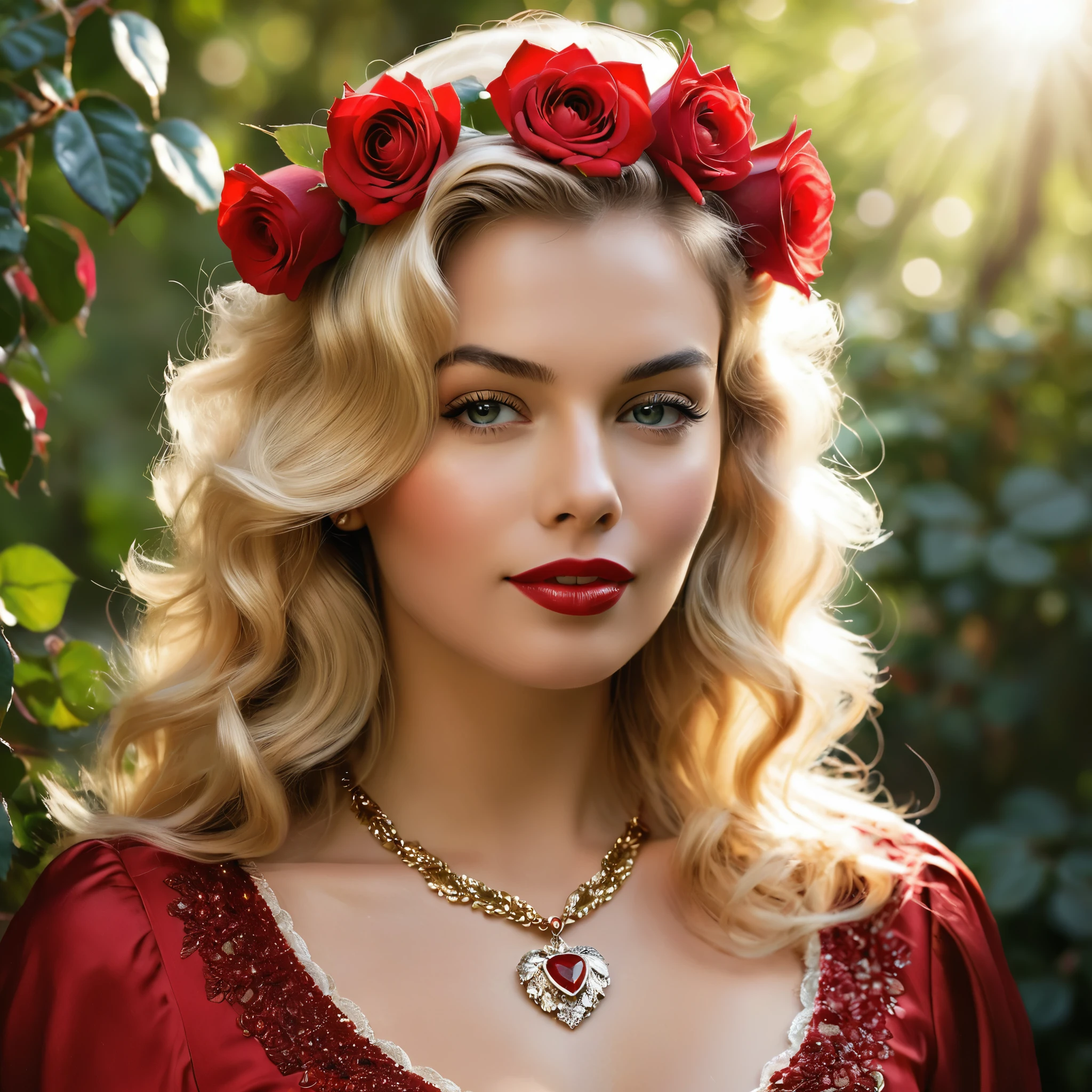Create a highly detailed and realistic portrait of a young Jane Mansfield with long, wavy blonde hair adorned with red roses. She has striking, expressive eyes and a calm, composed expression. She is wearing a vintage-style outfit with a necklace featuring a pendant. The background is a soft-focus natural setting with warm, dappled sunlight filtering through the leaves, enhancing the serene and romantic atmosphere. The style should be hyper-realistic with a touch of romanticism. Photo Realistic photo, vibrant colors, 16k