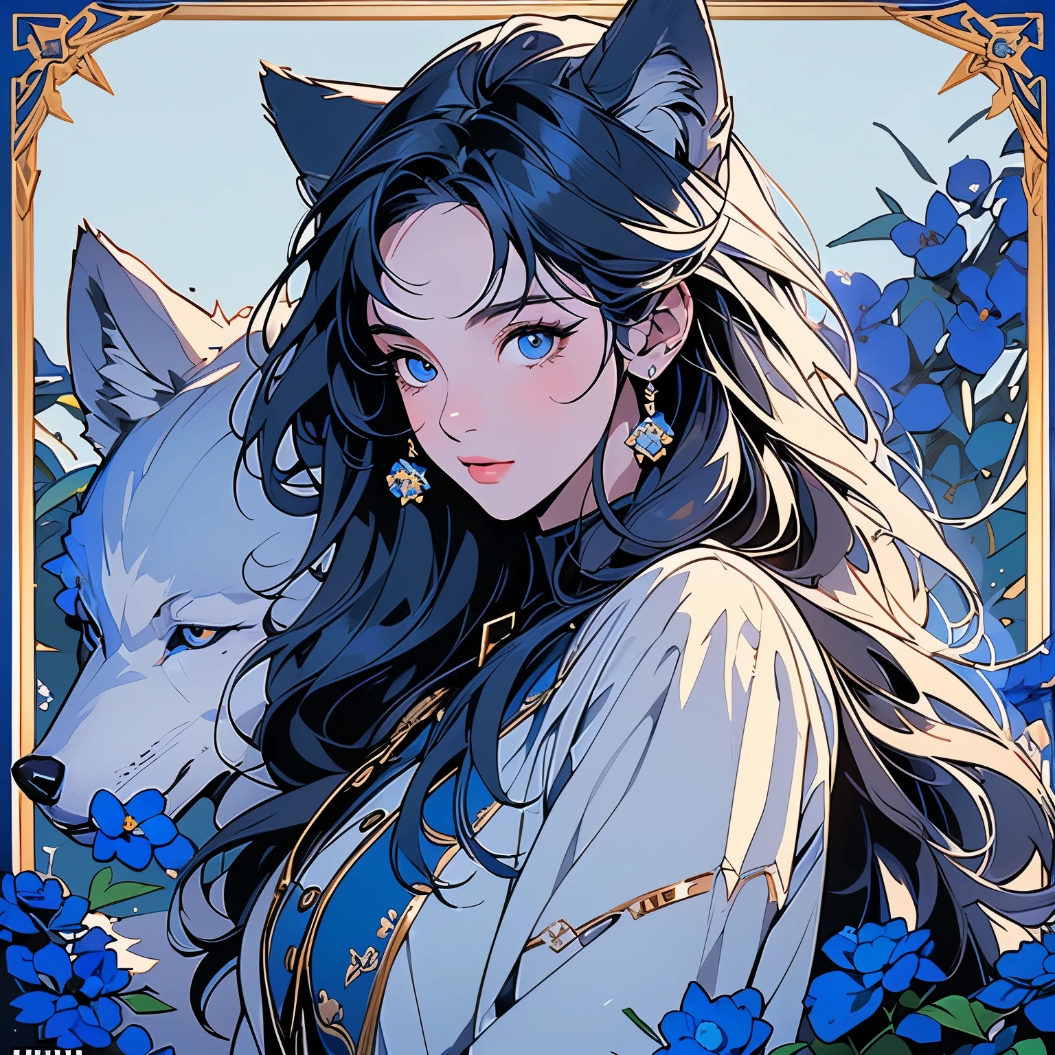 1 wolf, (((logo))), background white only, (((emblem))), 32k, ultra detailed, frame, blue, (((1 woman and wolf))), sparkling eyes, corporate logo, golden, panoramic, long shot, front, (((perfect detailed blue flowers))), perfect wolf, ultra detailed wolf, top quality, masterpiece,cowboy shot