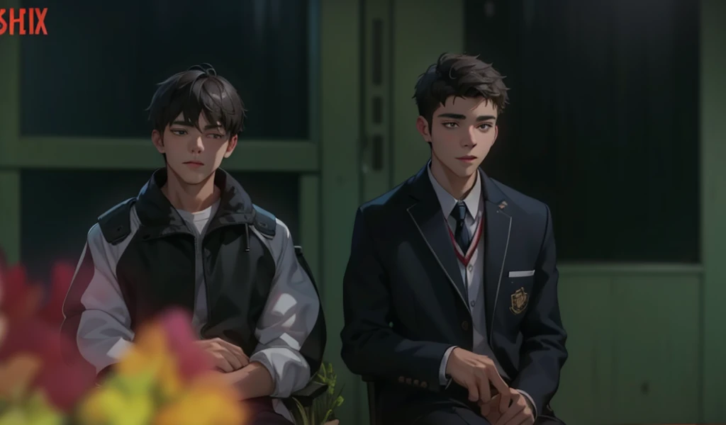 There are two young cute men of 18 years old sitting talking sadly.