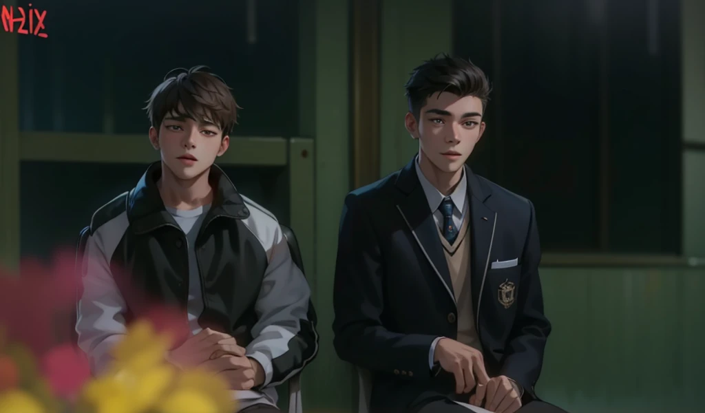 There are two young cute men of 18 years old sitting talking sadly.