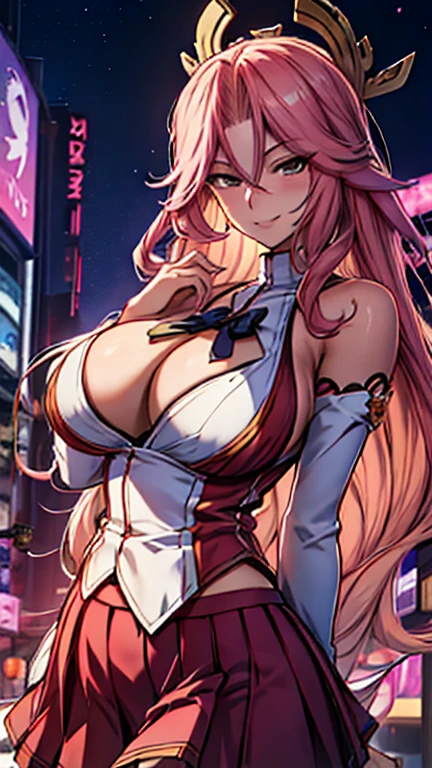 Highly detailed, anime, 1 girl, yae miko's hairstyle, citrine colored hair, Carmine eyes, smiling, busty, gorgeous plump body, Elizabeth Mably's clothes, Elizabeth Mably's skirt, background night city