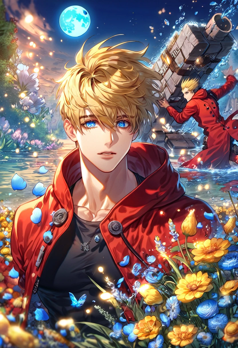 absurdres, highres, ultra detailed, HDR, master piece, Vash Stampede, blond hair, expressive blue eyes, amber round sunglasses, red coat with a hoddie, Trigun, sexy man, handsome, best quality, blue moon, flowers, fantasy, magical, solo, water, blue shining fireflies, black shirt, blue petals, toned chest,