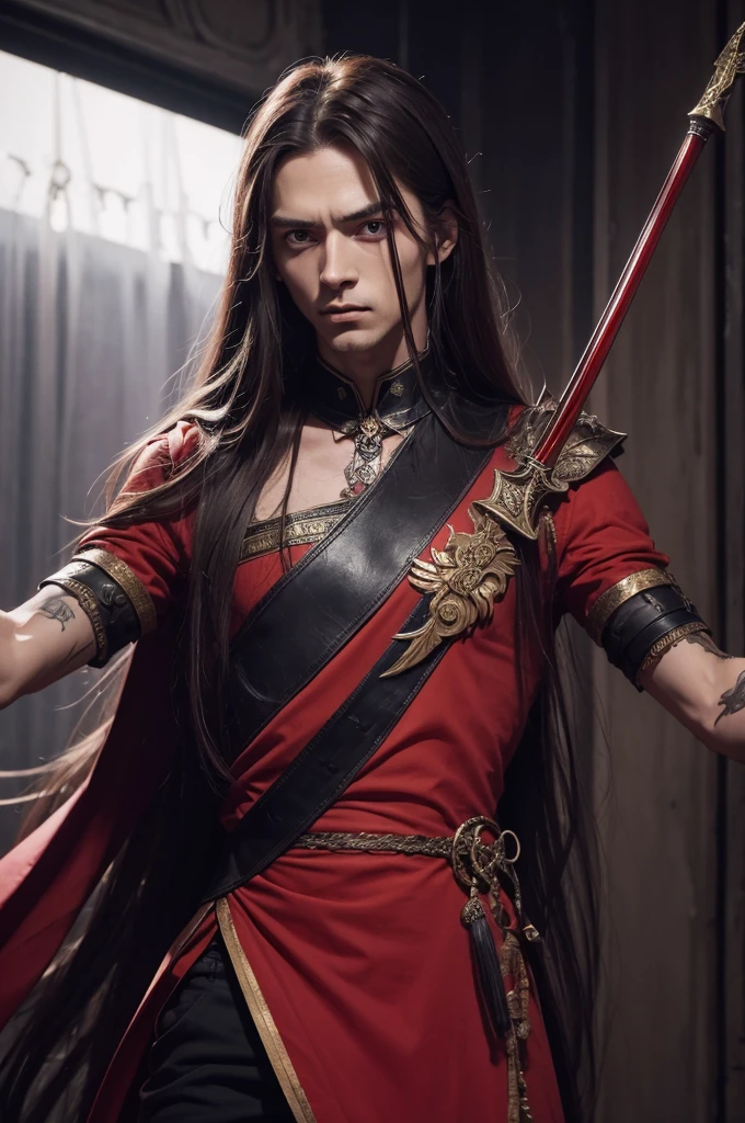 de 1,60 with very long arm hair,Eyes red,wearing fighting dress,with a dagger in his hand